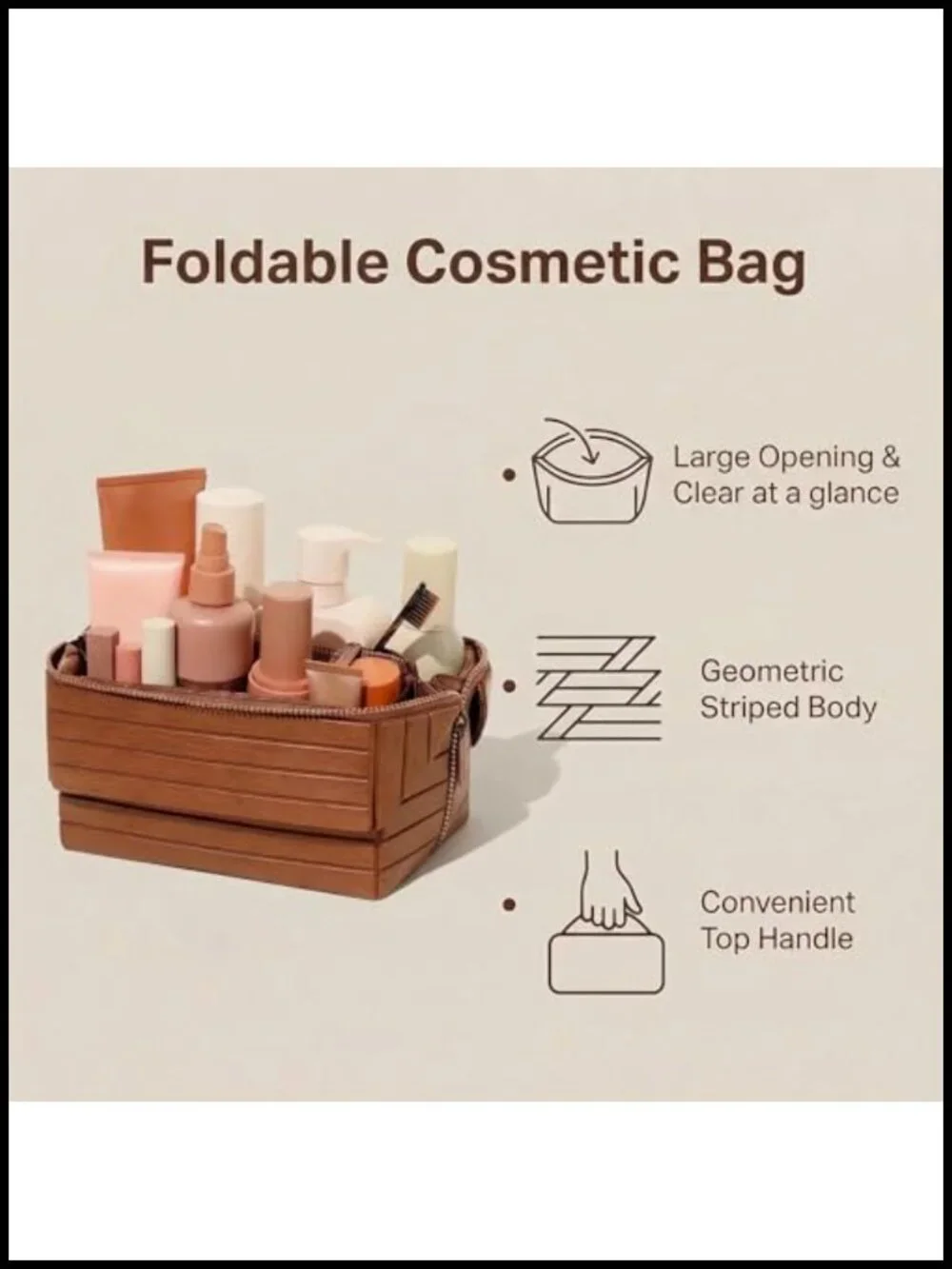 Large Capacity Fold Down Cosmetic Bag, Waterproof PU Leather Pull Open Toiletry